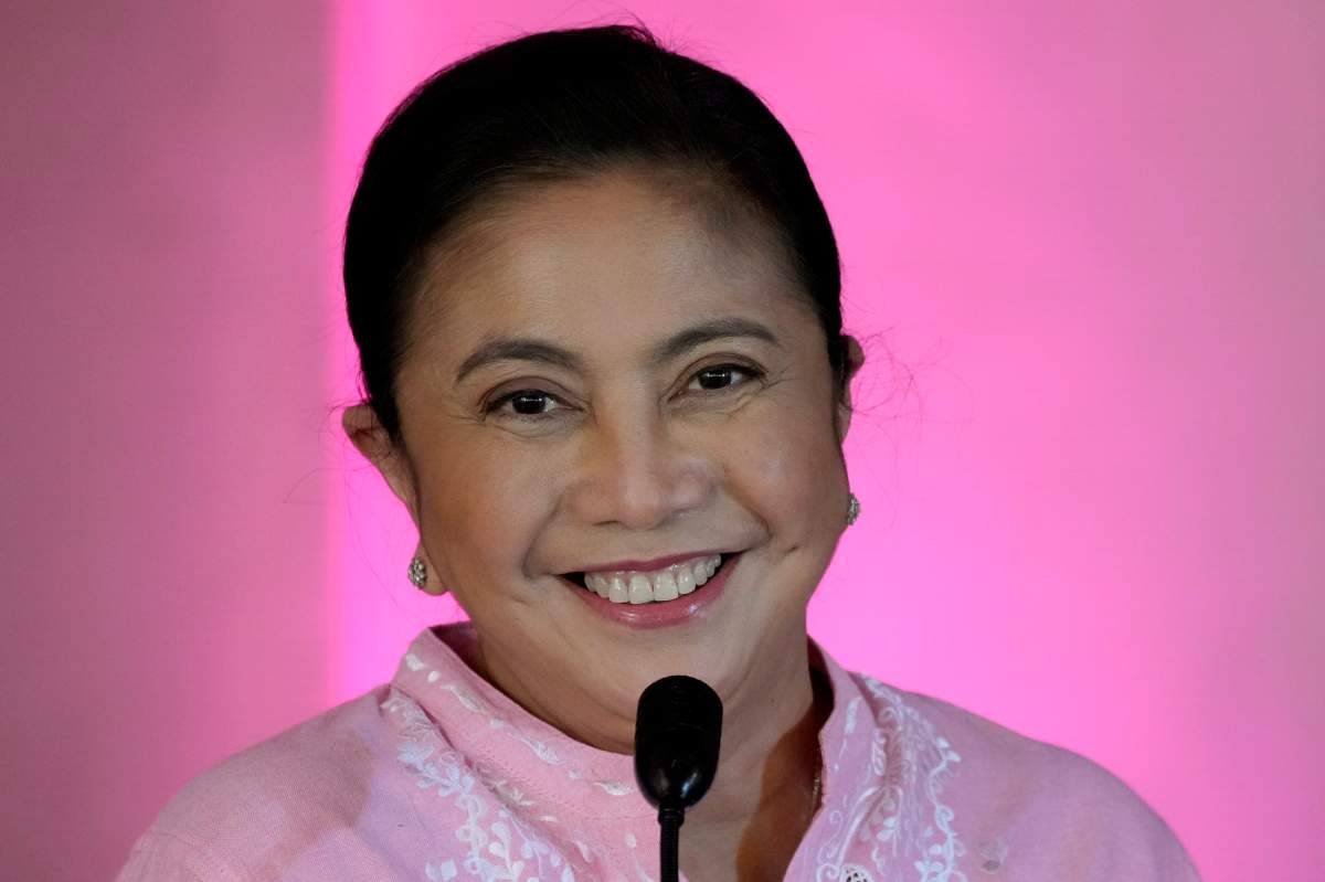 Philippine Vice-President and opposition leader Leni Robredo smiles during a press conference in Quezon City on Friday, Oct. 15, 2021. Robredo is running for president in next year’s election in a move that would bring the pro-democracy advocate to a faceoff with the son of the late dictator Ferdinand Marcos.