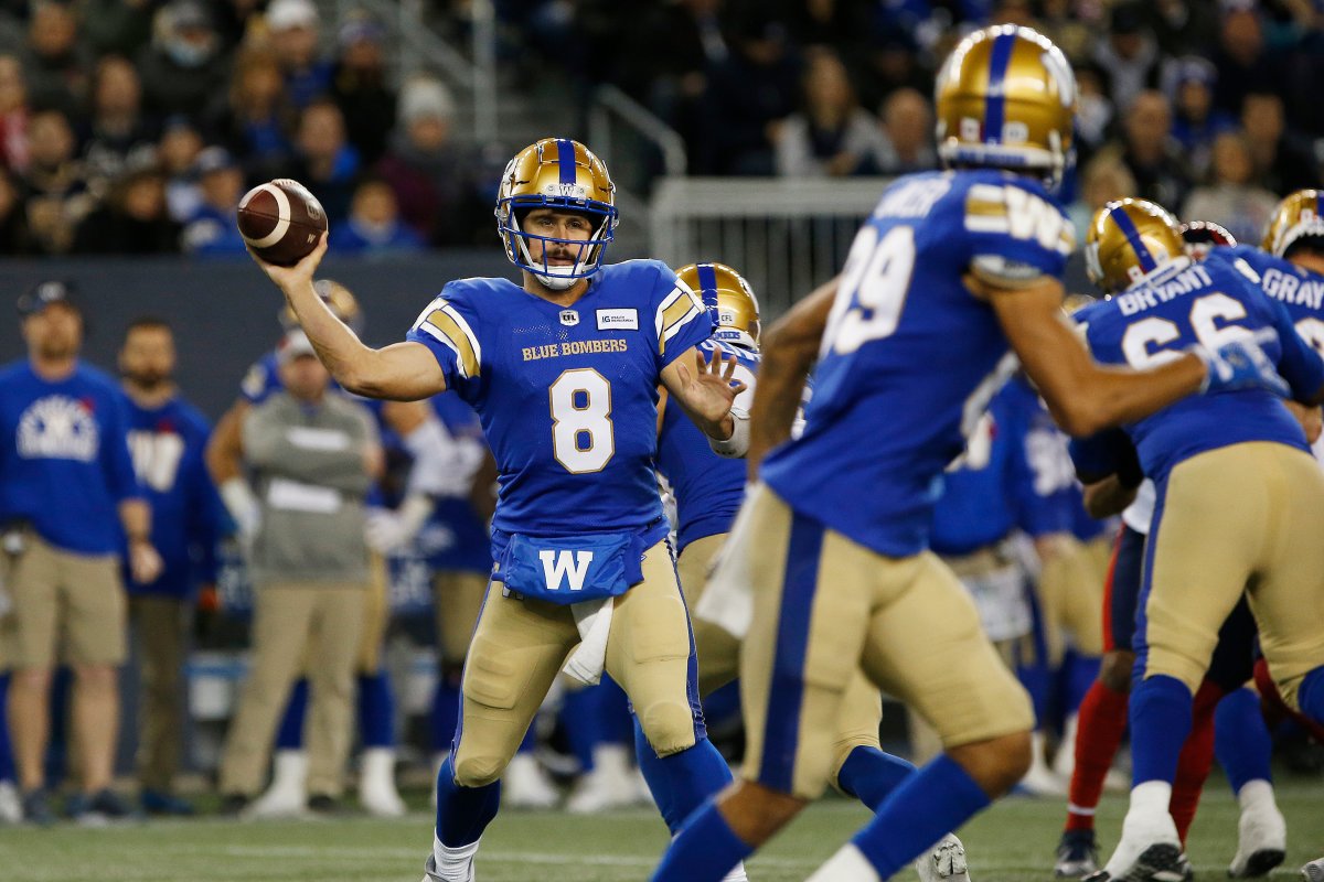 Winnipeg Blue Bombers quarterback Zach Collaros (8) throws during the first half of CFL action against the Montreal Alouettes in Winnipeg Saturday, November 6, 2021.   