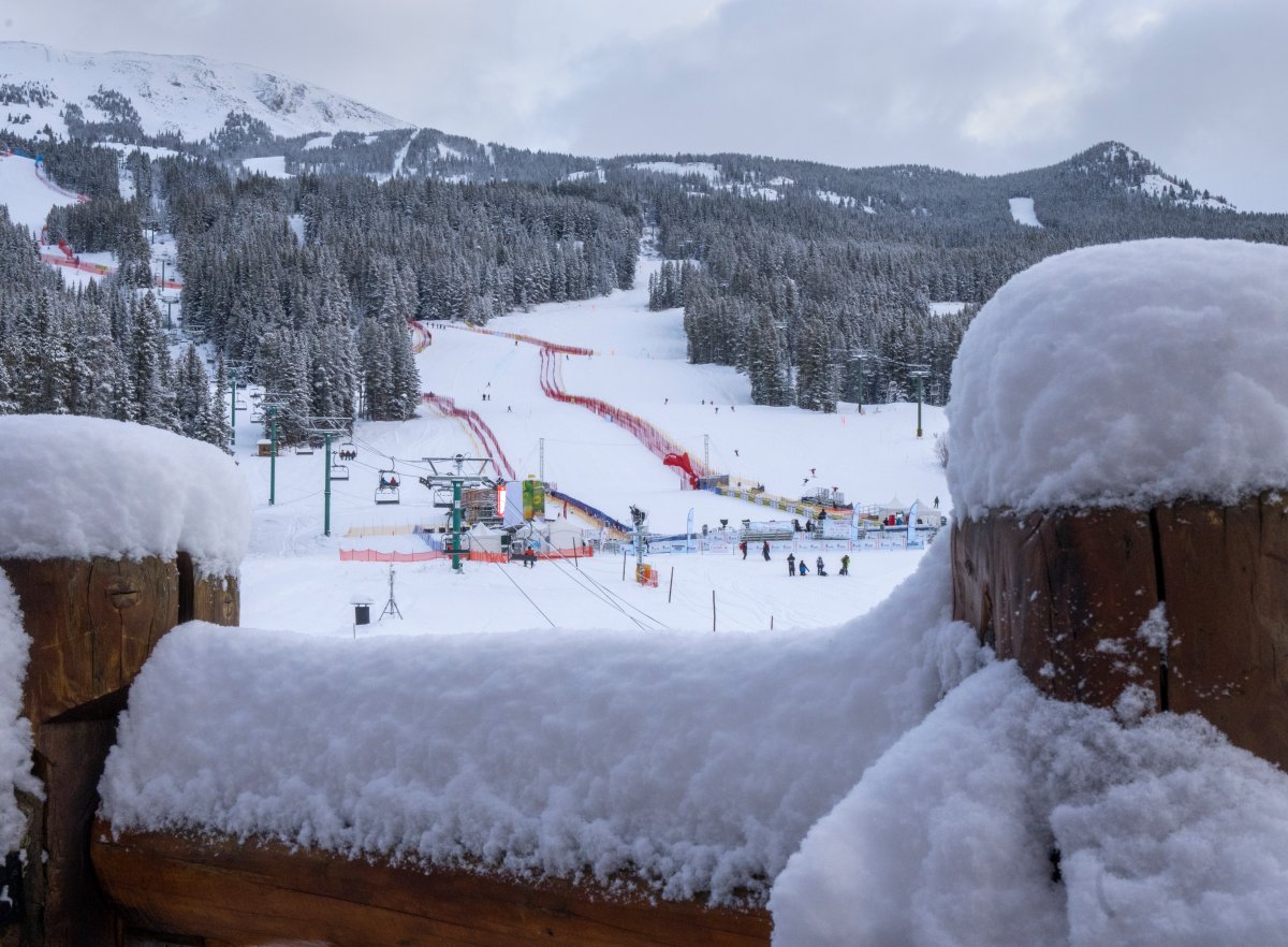 The race course is framed by fresh snowfall after the cancelation of the FIS World Cup downhill ski race in Lake Louise, Alta., Friday, Nov. 26, 2021. The race was cancelled due to too much snow on the course.
