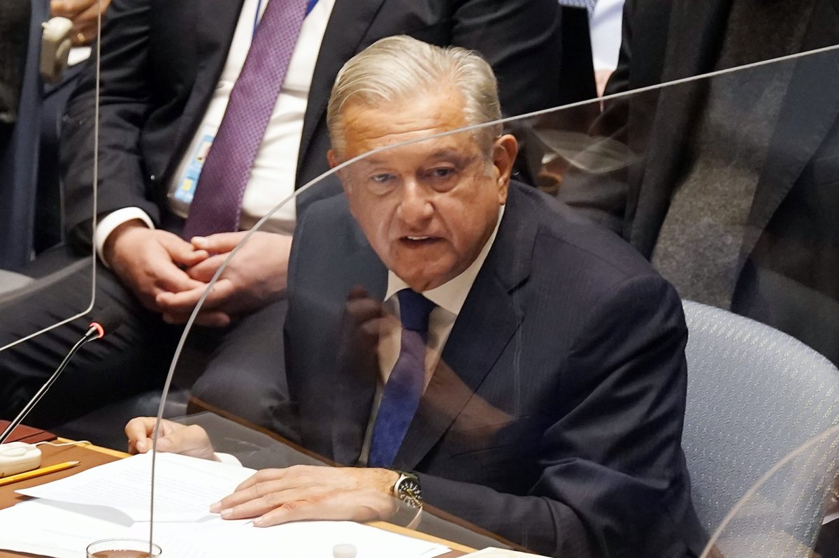 Mexico's President Andres Manuel Lopez Obrador addresses the United Nations Security Council, Tuesday, Nov. 9, 2021. (AP Photo/Richard Drew).