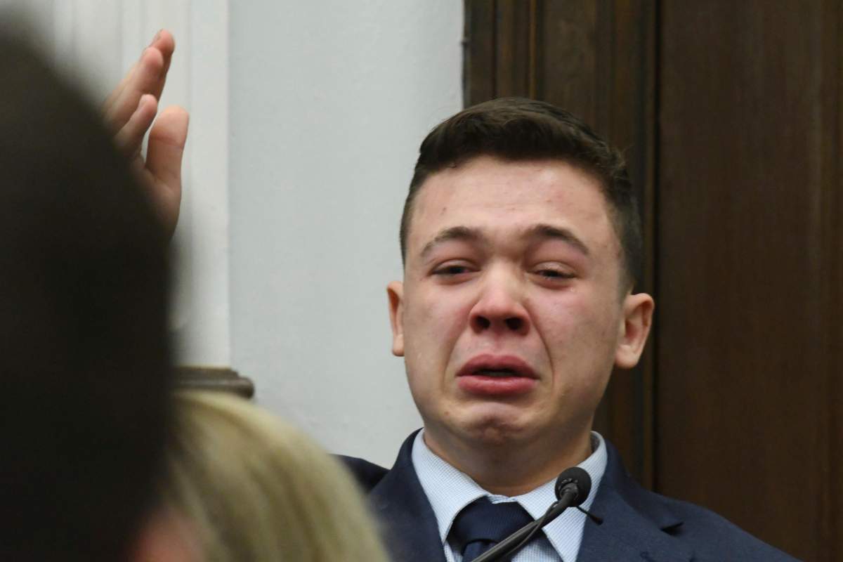 Kyle Rittenhouse breaks down on the stand as he testifies about his encounter with the late Joseph Rosenbaum during his trial at the Kenosha County Courthouse in Kenosha, Wis., on Wednesday, Nov. 10, 2021.
