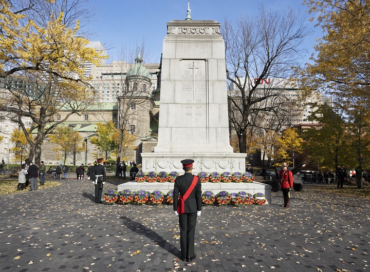 An Honour Guard leaves the cenotaph after Remembrance Day ceremonies Thursday, November 11, 2021 in Montreal. Ryan Remiorz/The Canadian Press