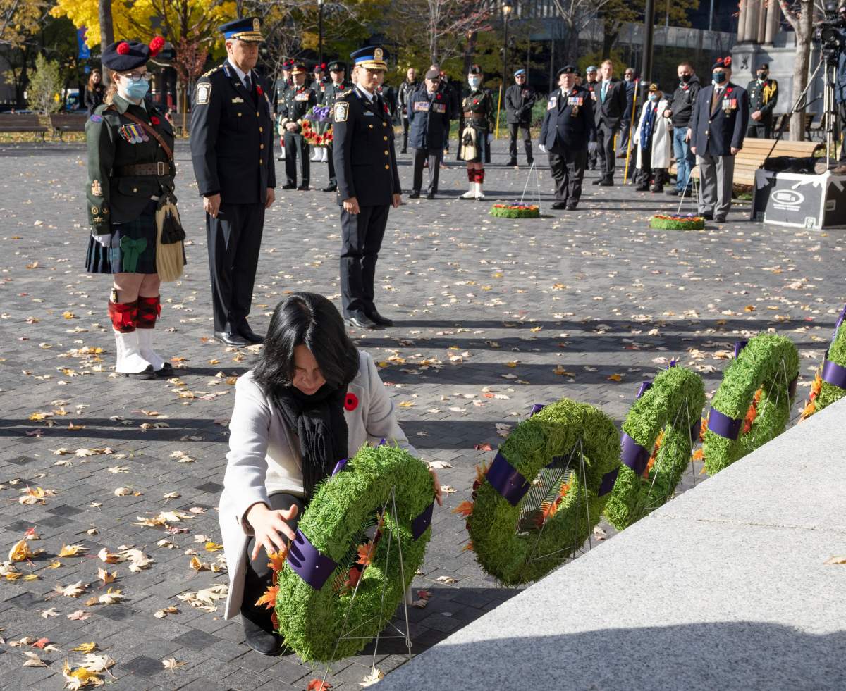 Montreal Mayor Valérie Plante places a wreath at the cenotaph during Remembrance Day ceremonies Thursday, November 11, 2021 in Montreal. Ryan Remiorz/The Canadian Press