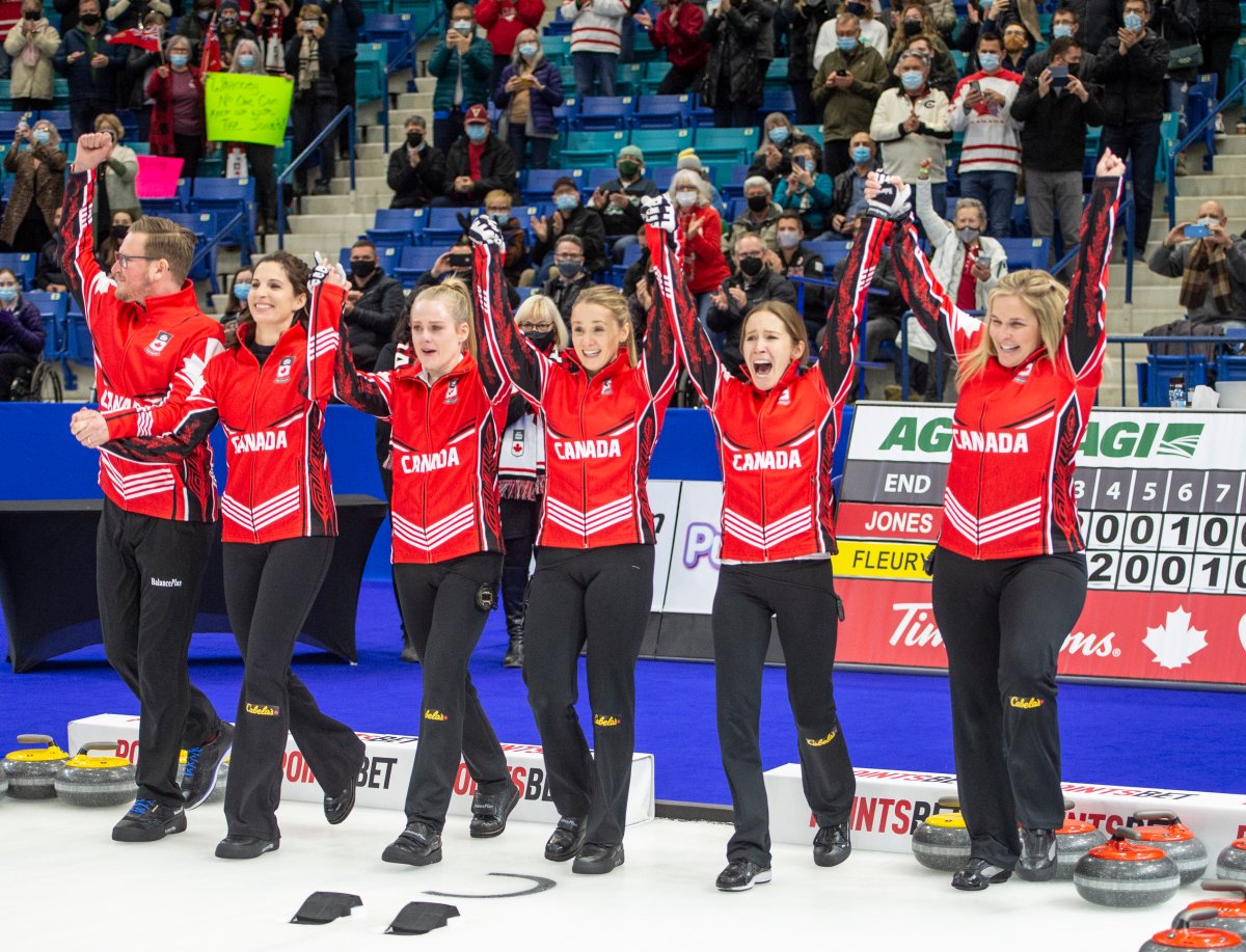 Team Jones skip Jennifer Jones and team celebrate after receiving their Team Canada Jackets during woman's final of the 2021 Canadian Olympic curling trials in Saskatoon, Sunday, November 28, 2021.