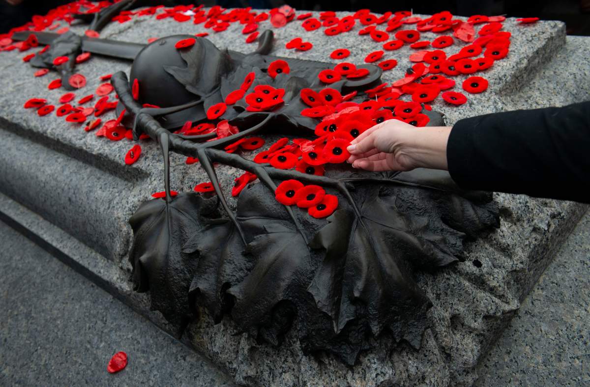 A poppy is placed on the Tomb of The Unknown Soldier following a Remembrance Day ceremony at the National War Memorial in Ottawa on Monday Nov. 11, 2019. File photo. 