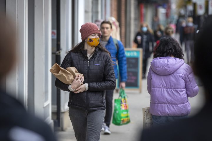 A person wears a mask to protect them from the COVID-19 virus in Kingston, Ontario on Monday November 15, 2021.