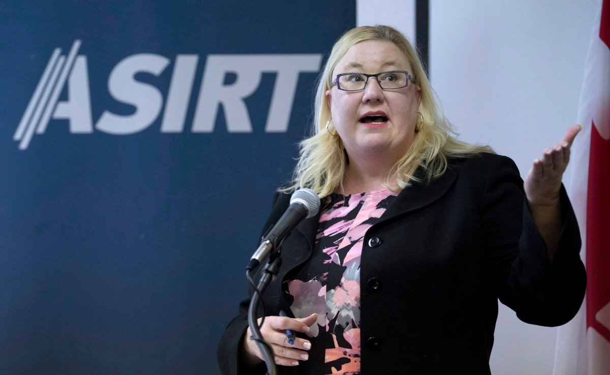 Susan Hughson, executive director ASIRT, speaks at a press conference in Calgary, Alta., Monday, Aug. 22, 2016.