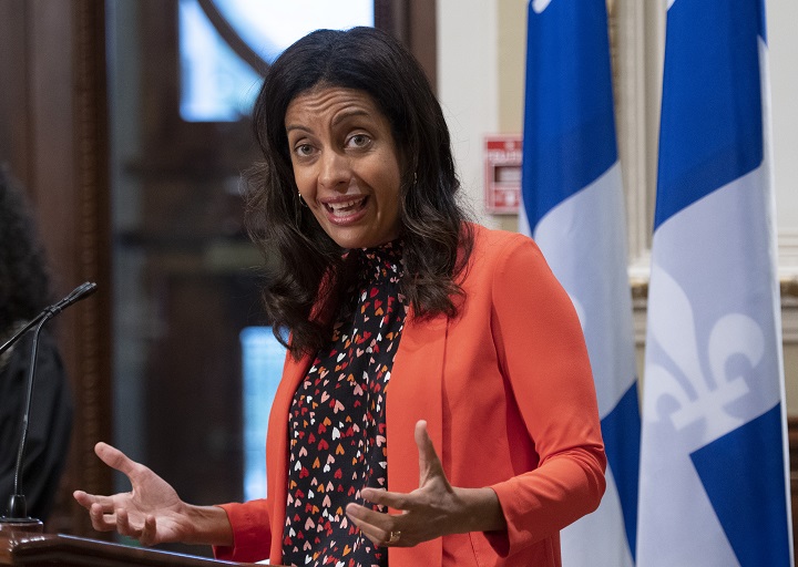 Quebec Liberal Leader Dominique Anglade speaks at a press conference before entering a pre-session party caucus, Thursday, September 3, 2020  at the legislature in Quebec City. 