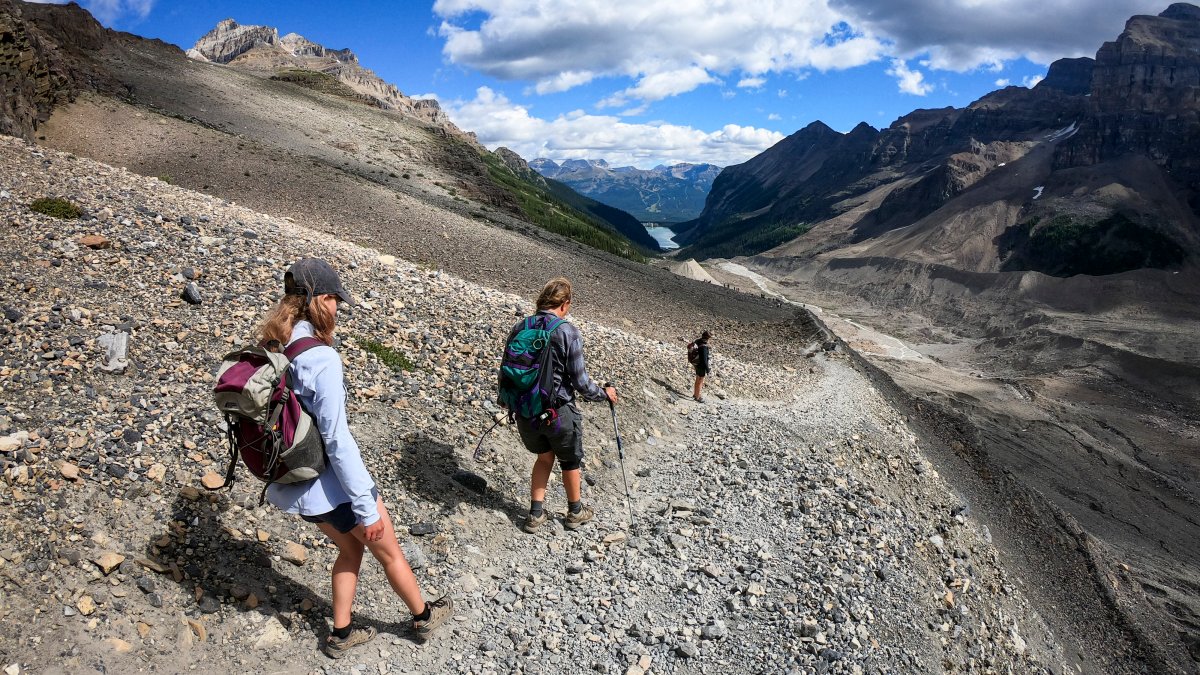 Visitors descend the Plain of Six Glaciers trail above Lake Louise, in Banff National Park, Alta., in 2016.