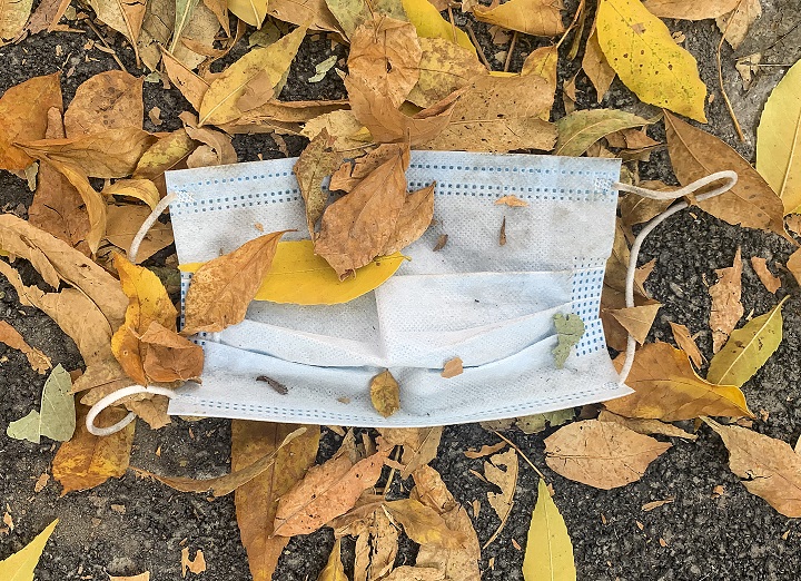 A discarded face mask is shown amongst fallen leaves in Montreal, Monday, September 22, 2020. 