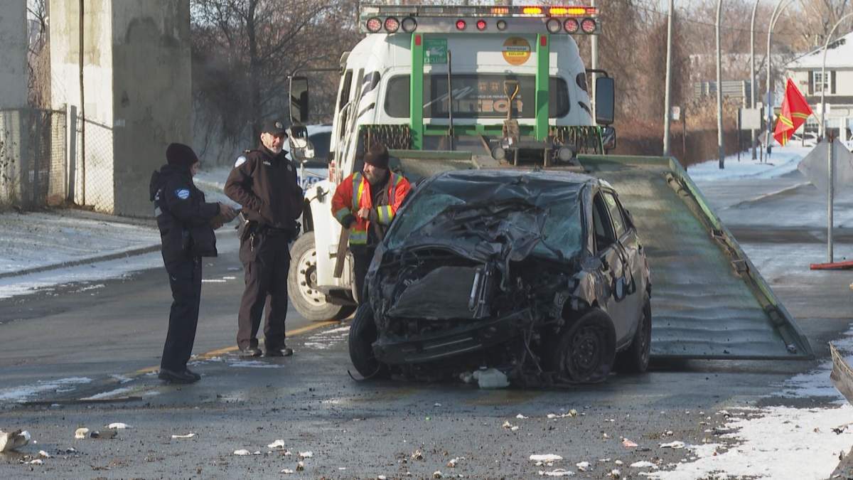 The damaged car was towed Tuesday morning on Nov. 30, 2021.
