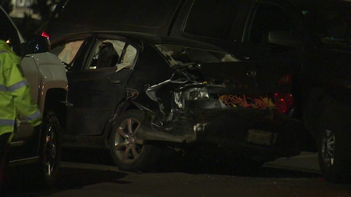 Edmonton police investigating a crash involving a stolen Infiniti G35 car and several other police vehicles on the ramp to Whitemud Drive westbound near the intersection with Calgary Trail early on Monday, Nov. 8, 2021.