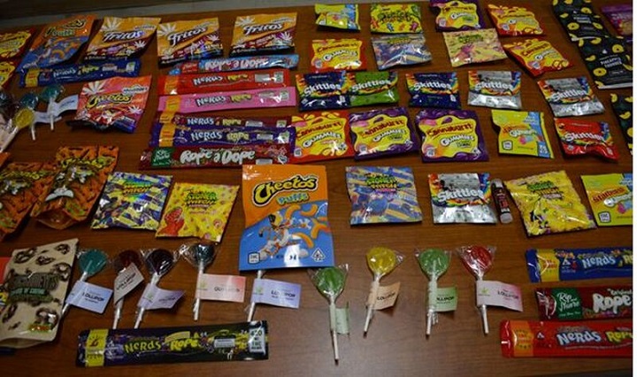 Toronto police release photograph of seized cannabis products packaged to look like snacks. 