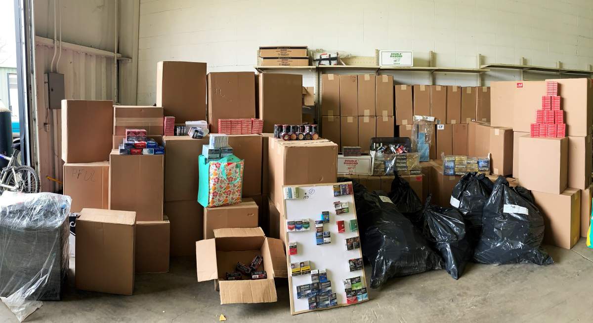 RCMP picture of contraband tobacco seized during three searches in central Alberta in August 2021.