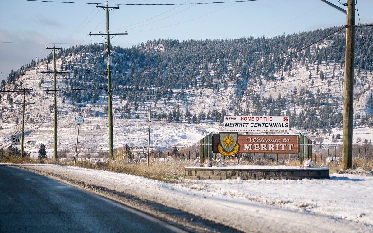 A sign welcomes visitors to Merritt, B.C., Friday, Nov. 19, 2021.
