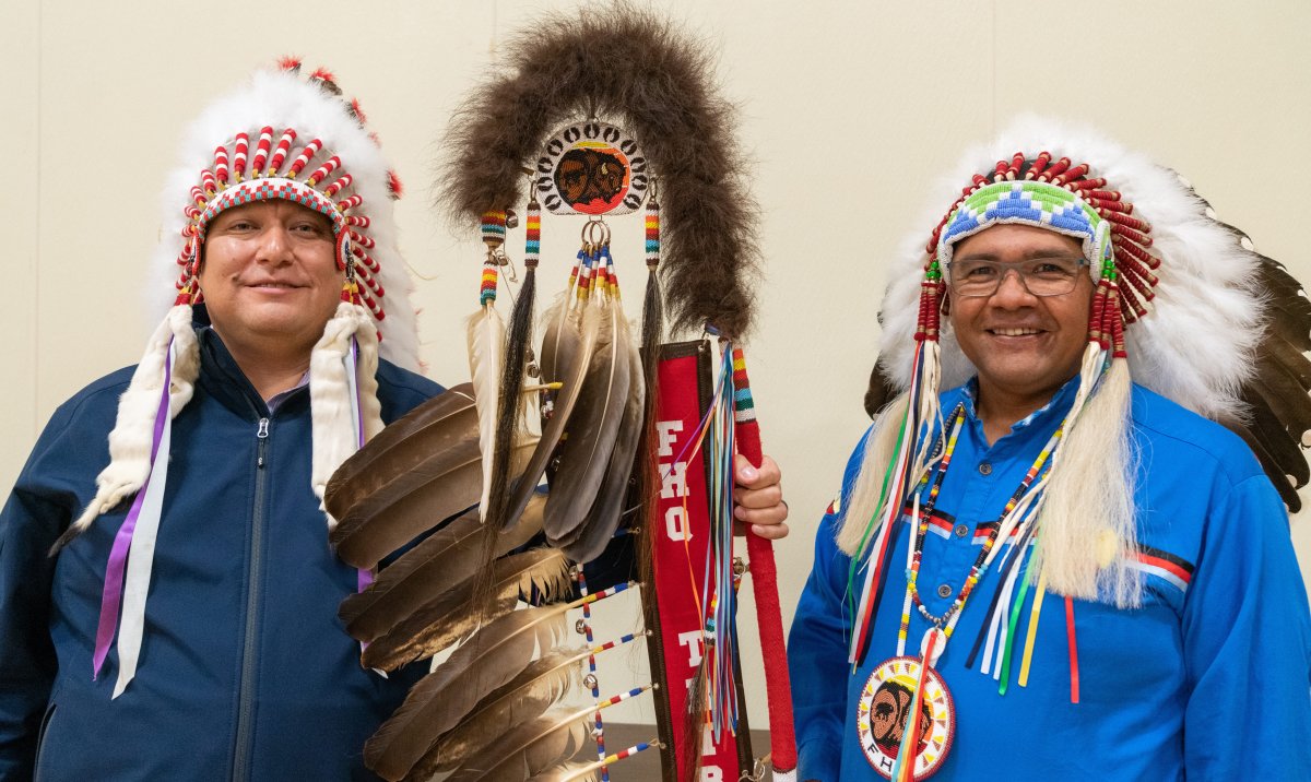 Jeremy Fourhorns (left) replaces the outgoing tribal chief and CEO of FHQTC Edmund Bellegarde (right) who served as in the role for 15 years.
