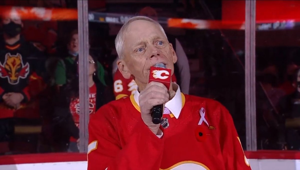 New Brunswick man Dan Joyce sang the national anthem at the Calgary Flames Hockey Fights Cancer awareness game in Calgary, Alta. on Thursday, Nov. 5, 2021.