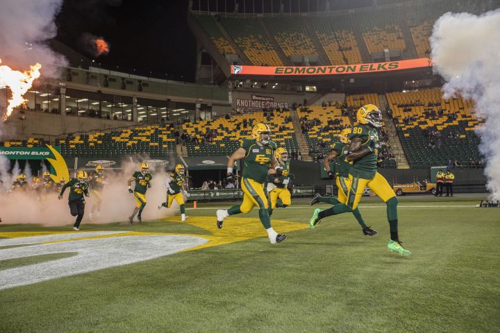 Edmonton Elks players take the field against the Saskatchewan Roughriders prior to first half CFL action in Edmonton on Friday, November 5, 2021.