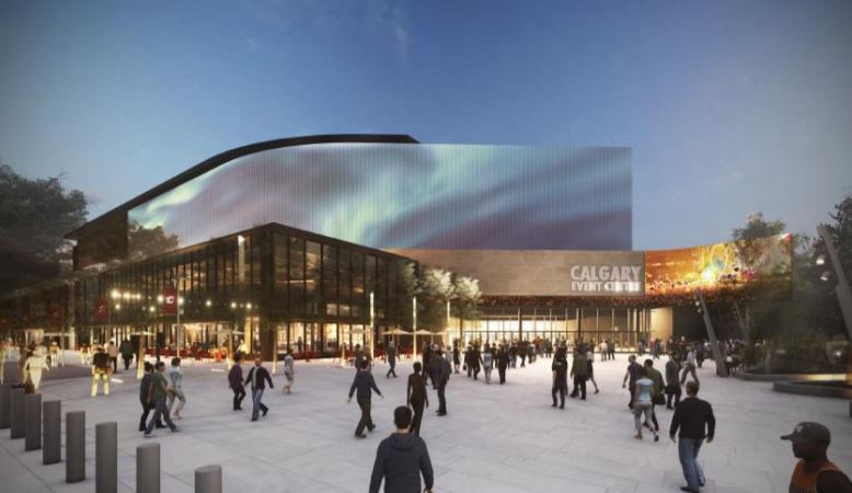 A rendering of Calgary's Events Centre from the southwest corner of the building.