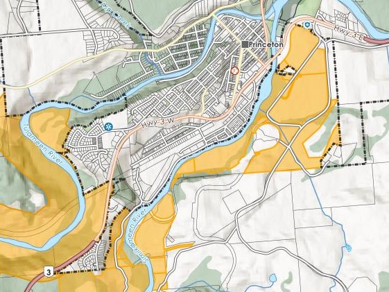 A map showing the evacuation alert for properties along the Similkameen River near Princeton, B.C.