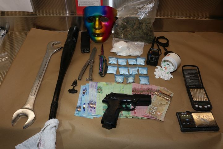 A man from Burford, Ont., has been charged after police seized drugs, weapons, an imitation firearm and cash.