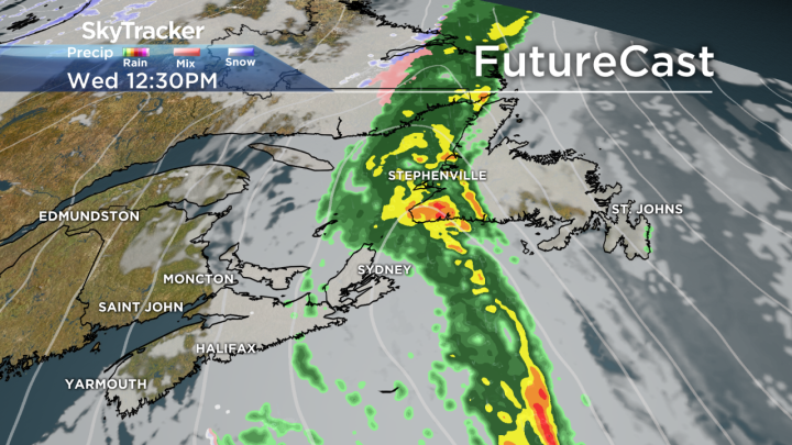 Southwestern Newfoundland is forecast to see between 100 and 200 millimeters of rainfall by Wednesday evening.