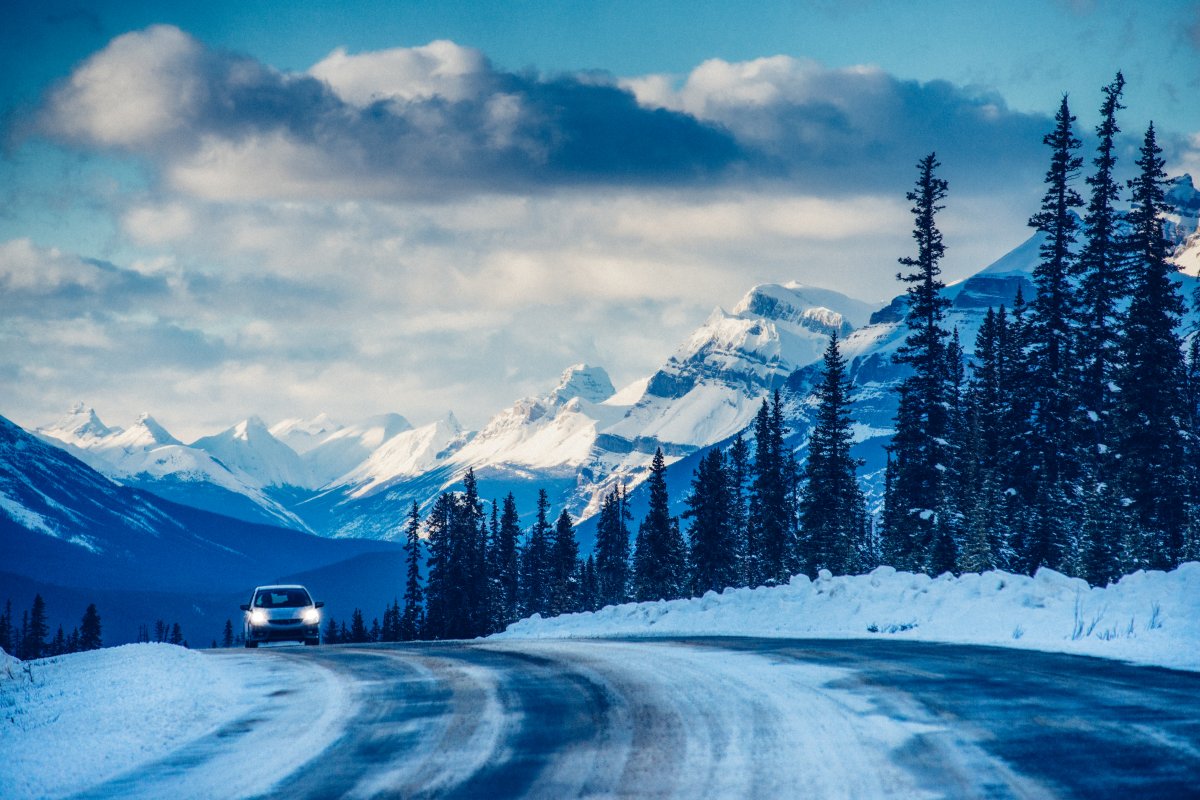 Winter driving in Banff National Park in Canada.