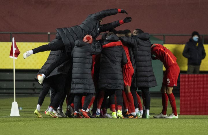 Team Canada celebrates a goal against Costa Rica during second half World Cup qualifier soccer action in Edmonton on Friday, November 12, 2021.