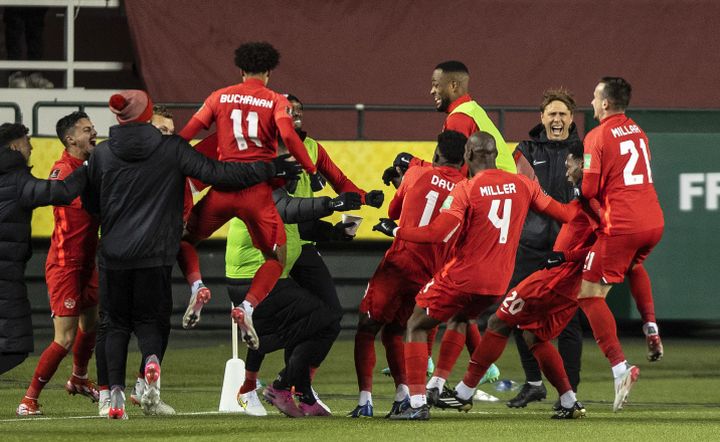 Team Canada celebrates a goal against Costa Rica during second half World Cup qualifier soccer action in Edmonton on Friday, November 12, 2021. 