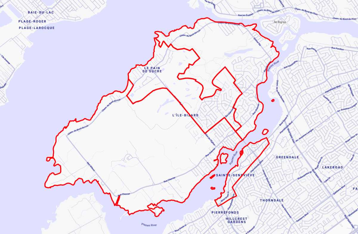 The district of L'Île-Bizard–Sainte-Geneviève is seen on the map. 