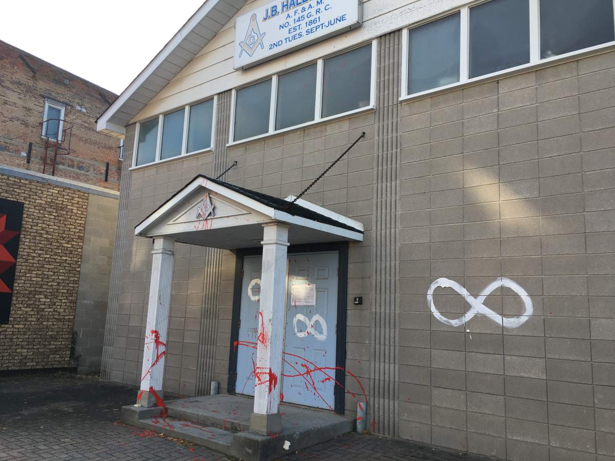 Symbols were painted on the Peterborough District Masonic Association’s lodge.