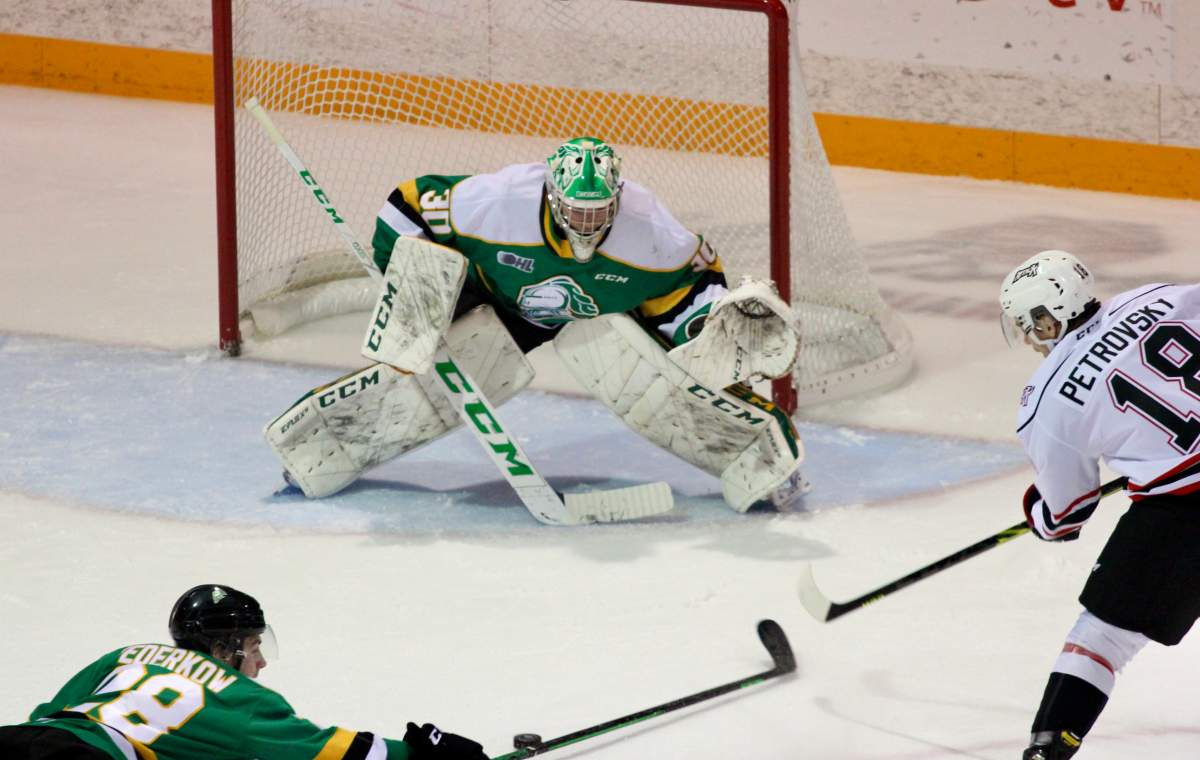 Brett Brochu prepares to make a save.