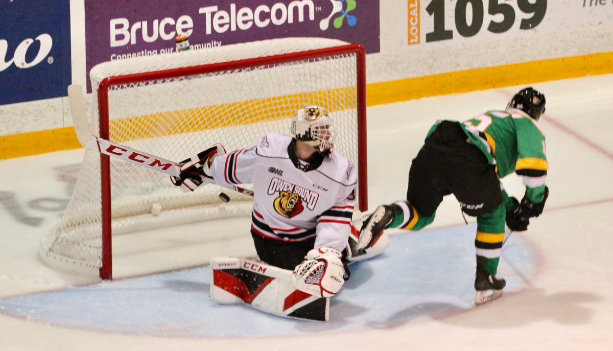 London Knights forward Abakar Kazbekov scores the shootout winner on Nick Chenard of the Owen Sound Attack as the Knights defeated the Attack 5-4 on November 27, 2021.