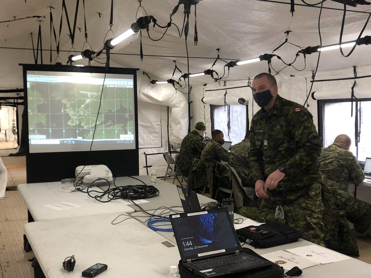 Approximately 100 soldiers from the local army reserve are running an exercise based on a simulated emergency scenario within Ontario at Wolseley Barracks. Nov. 20, 2021