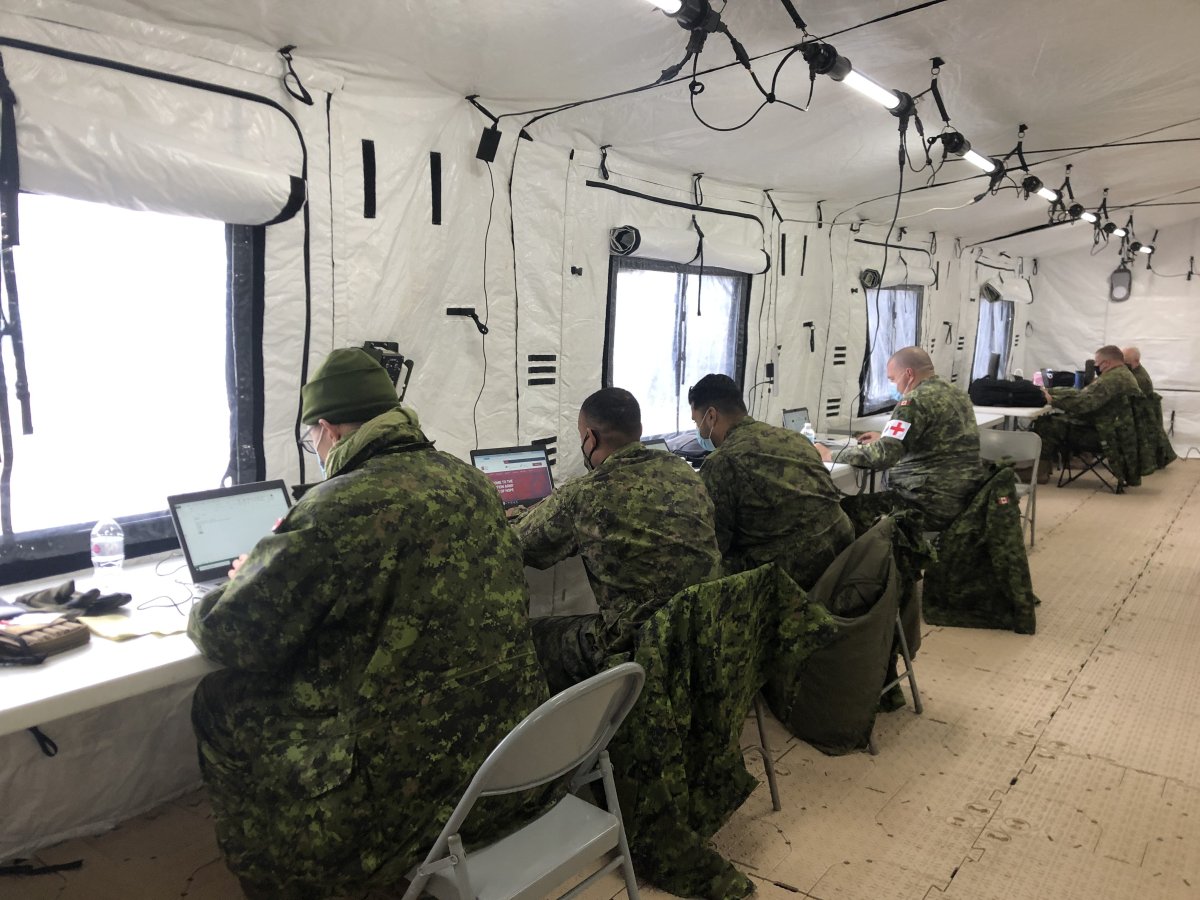 Canadian Armed Forces at mobile command centre running realistic disaster scenarios at Wolseley Barracks. Nov. 20, 2021.