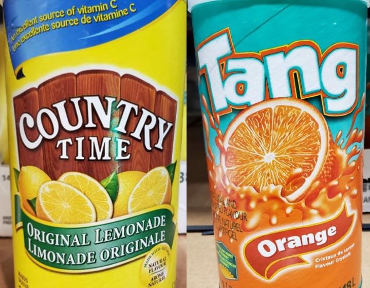 Country Time brand Original Lemonade Fruit Juice Substitute Drink Mix and Tang brand Orange Flavour Crystals .