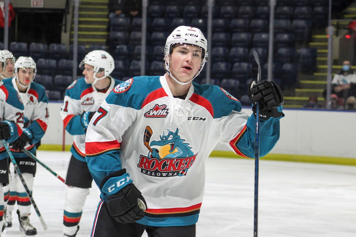 Max Graham celebrates a goal against the Victoria Royals on September 17, 2021 at Prospera Place in Kelowna, British Columbia.