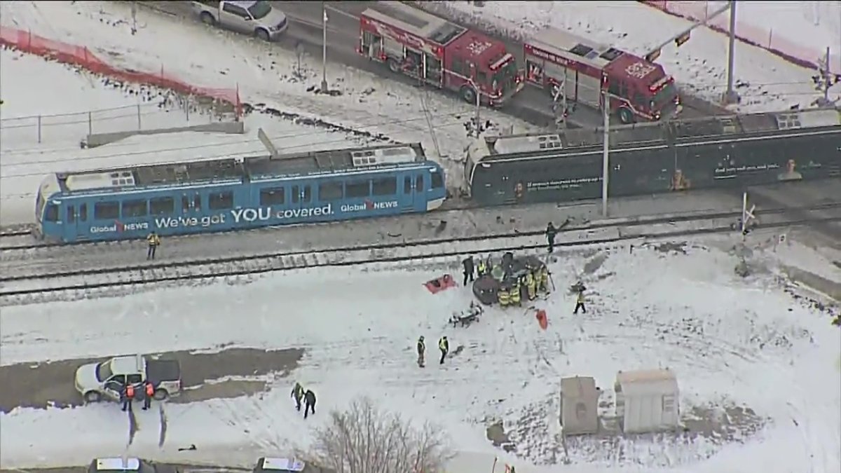 A vehicle and an Edmonton Transit Service LRT train collided at the 66 Street crossing between Coliseum and Belvedere stations in northeast Edmonton on Wednesday, Nov. 24, 2021.