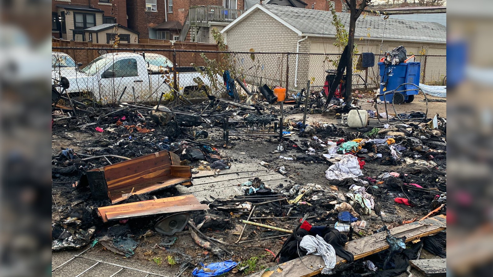 Several Hamilton residents experiencing homelessness were displaced after a fire tore through an encampment at a downtown Hamilton, Ont., park on Nov. 24, 2021.