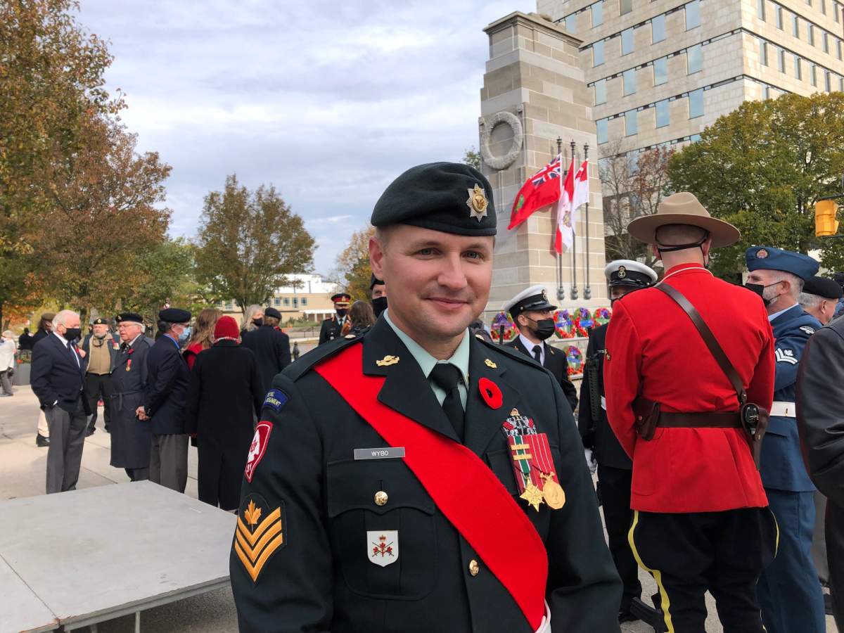 Vigil guard Sergeant Jeff Wybo at the Remembrance Day ceremony in London, Ont., on Nov. 11, 2021.