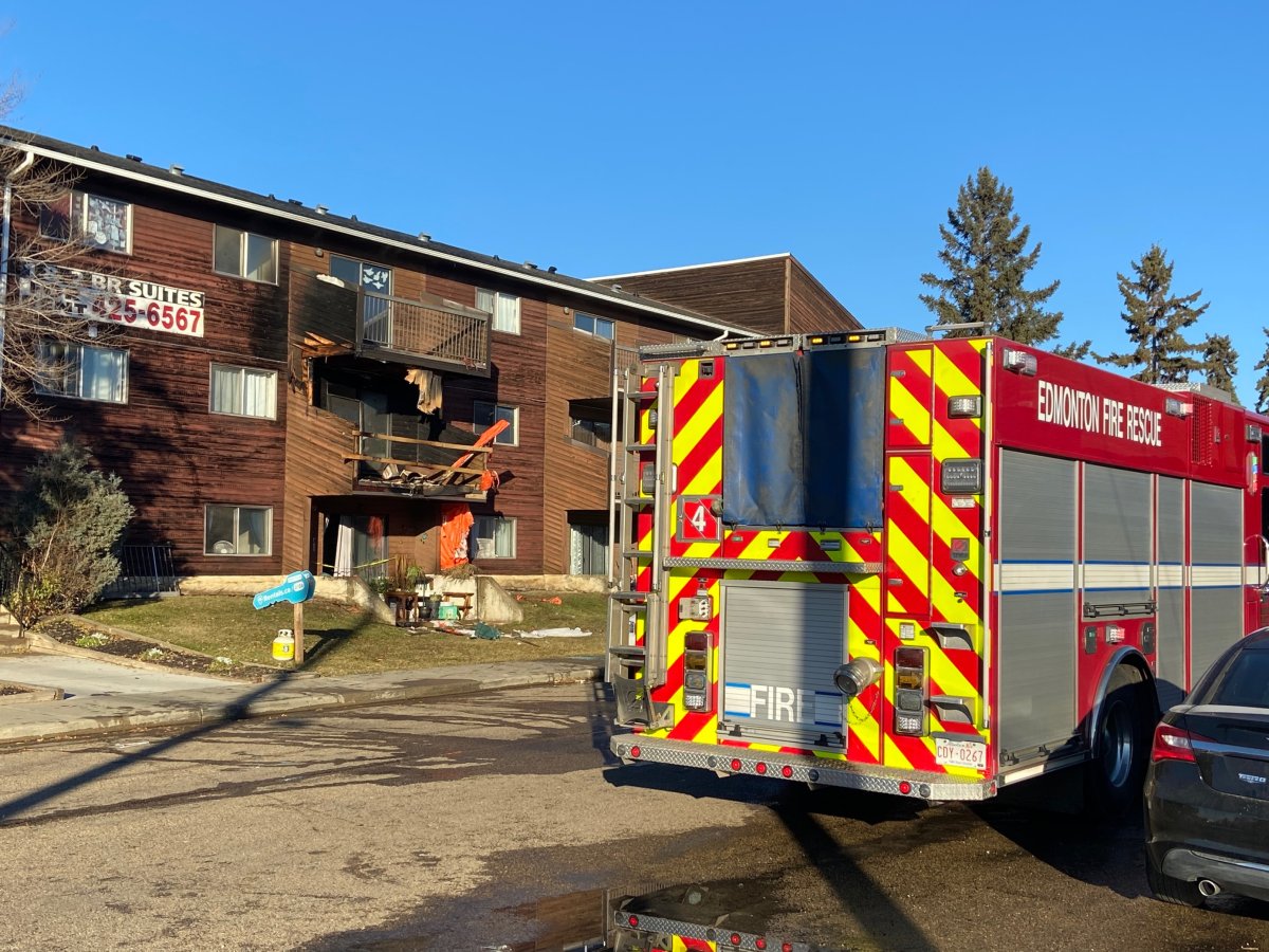 A fire broke out on the balcony of an apartment building at 10106-162 St. in west Edmonton's  Britannia Youngstown neighbourhood on Tuesday, Nov. 2, 2021.
