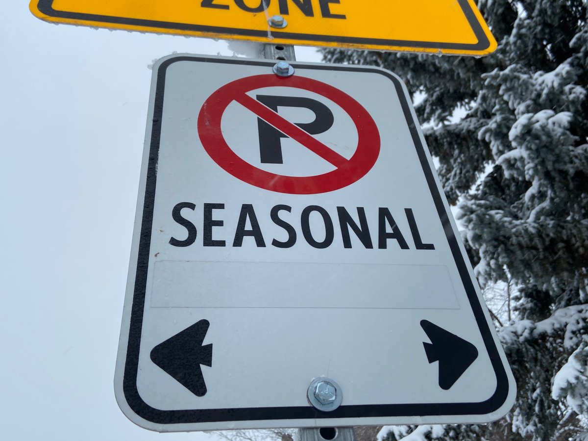 A seasonal parking ban sign in Edmonton, Alta. on Tuesday, Nov. 16, 2021.