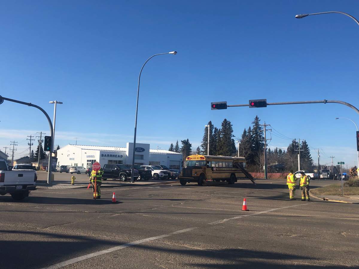 A school bus was impaled by logs in Barrhead, Alta. on Tuesday, Nov. 2, 2021.