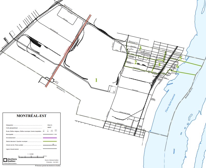 The district of Montreal East is seen on the map.