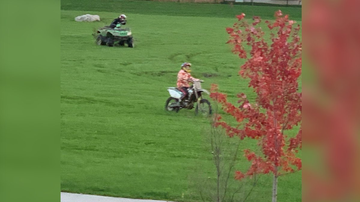 Police are searching for off-road riders they accuse of tearing up fields at a pair of city parks in Niagara Falls.
