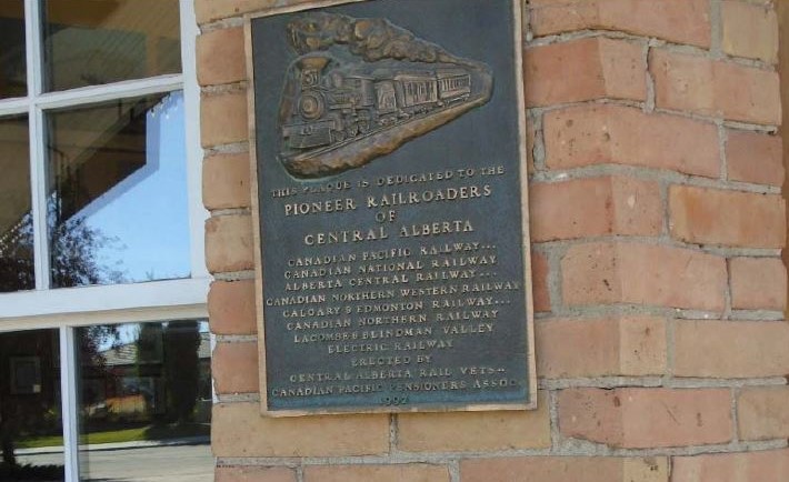The historic plaque at Red Deer's downtown train station