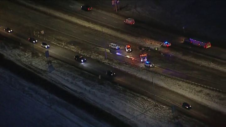 Police respond to a fatal crash on Highway 2 near Leduc, Alta., on Nov. 26, 2021.