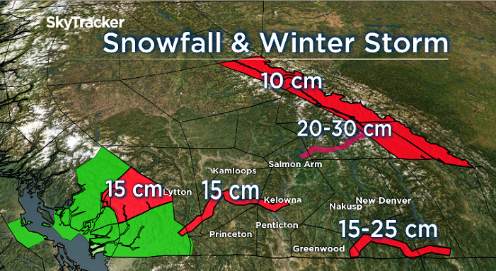 A graphic showing regional rainfall warnings in green and snowfall warnings in red. Environment Canada says the South Coast could see 75 to 150 mm of rain, while mountain passes could see 10-30 cm of snow.