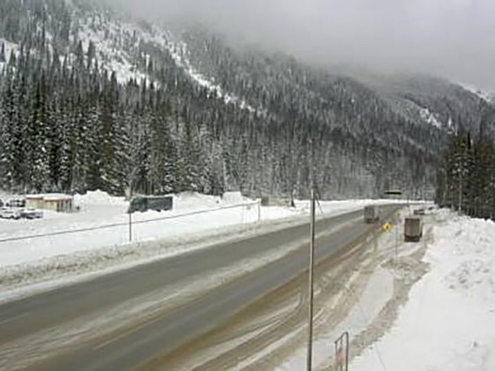 Weather and road conditions at Rogers Pass on the Trans-Canada Highway in B.C., on Wednesday, Nov. 24, 2021.
