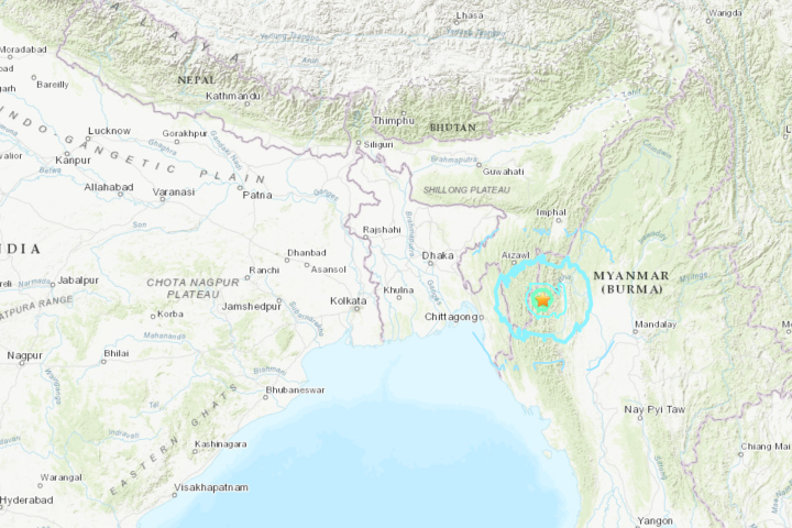 An earthquake of magnitude 6.1 strikes the border region between India and Myanmar and shakes Bangladesh